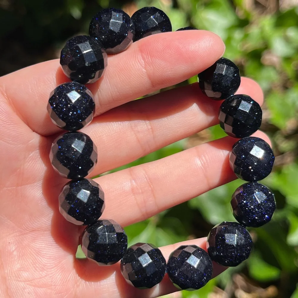 14mm sparkling faceted‎ blue sandstone bracelet